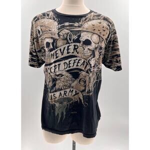 7.62 Design Black/Beige Skull Army "Never Accept Defeat" Graphic Shirt- XL